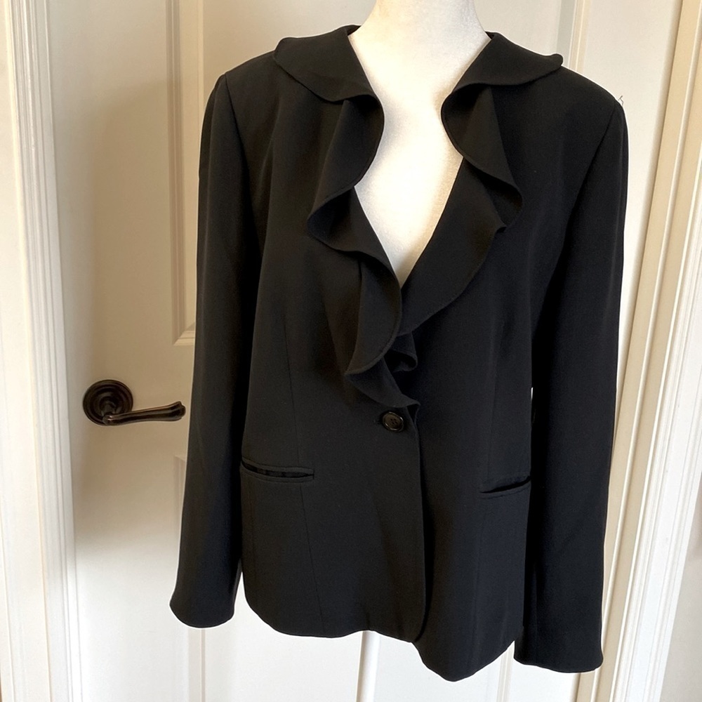 Charter Club Silk Blazer Jacket Womens 10 Black office Career minimalist Ruffles